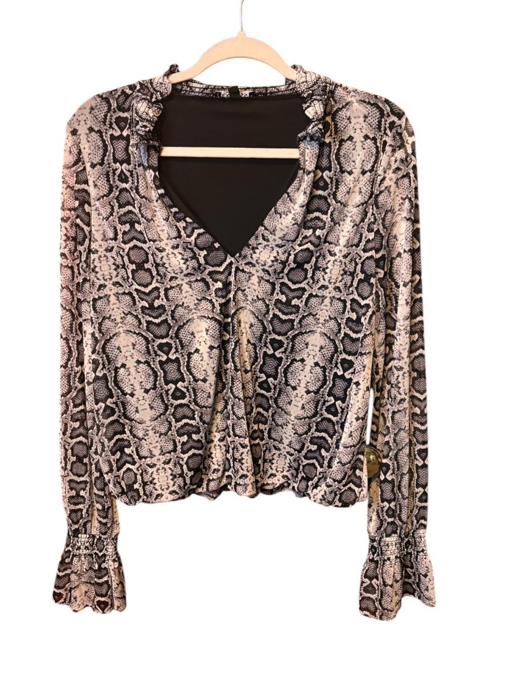 Express Snakeskin Print Sheer Bell Sleeve Blouse Size Medium Smocked Cuffs